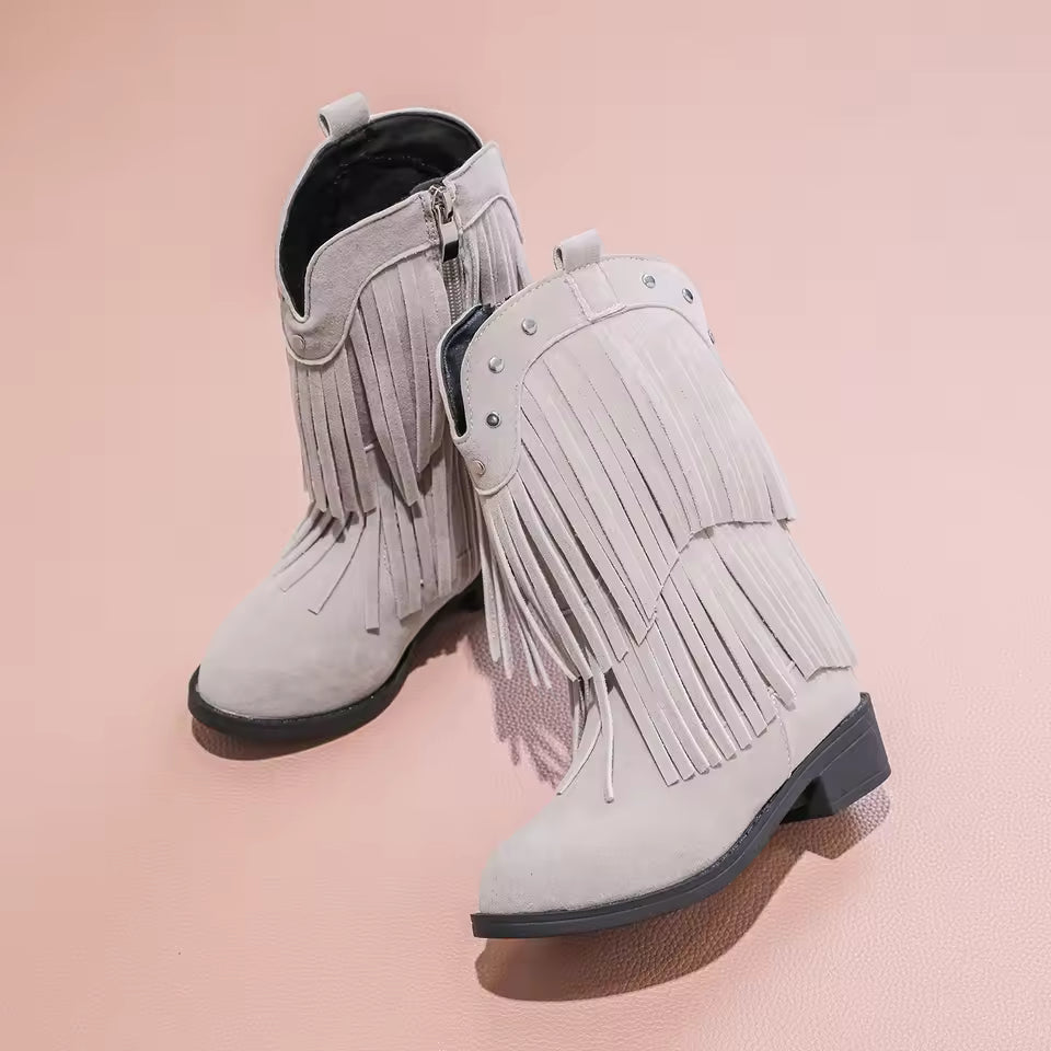 Children's Fashion Black Fringe Cowboy Boots - Suede Mid - Calf Boot with Studs and Side Zip for Girls Winter Shoe for Girl Kids - CB076