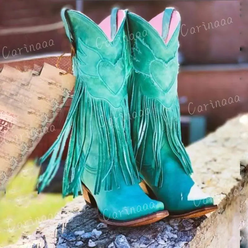 Cowboy Boots Shoes For Women PU New Tassel Chunky Heels Pointed Toe Green Red Western Boots Fashion Slip-on Wedge Boots Female - CB032