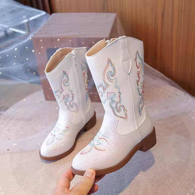 Girls Boots Toddler Snow Gear Mid Calf Glitter Western Cowboy Boot 2025 Autumn Big Kid Riding Girls Botas Size 27-36 Kids Shoes - CB071