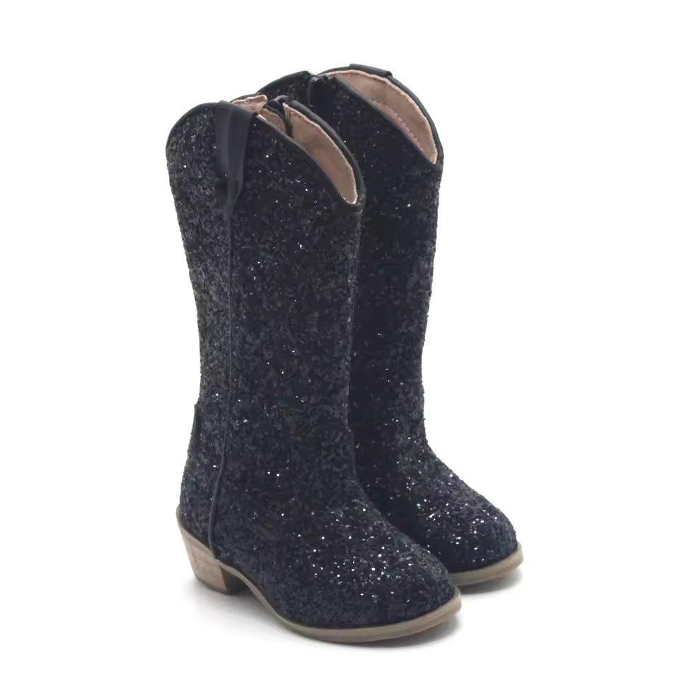 Girls Knee High Riding Boots Baby Toddler Little/Big Kids Glitter Cowboy Cowgirl Autumn Winter Zipper Low Heel Pumps Sequin Shoe - CB080