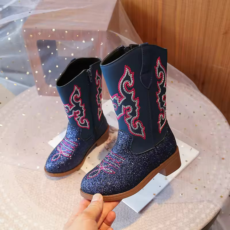 Girls Sequin Fashion Boots 2025 Autumn Comfortable Embroidered Cowboy Boot Mid Calf Zipper Anti Slip Outdoor Children Boot 27-37 - CB075