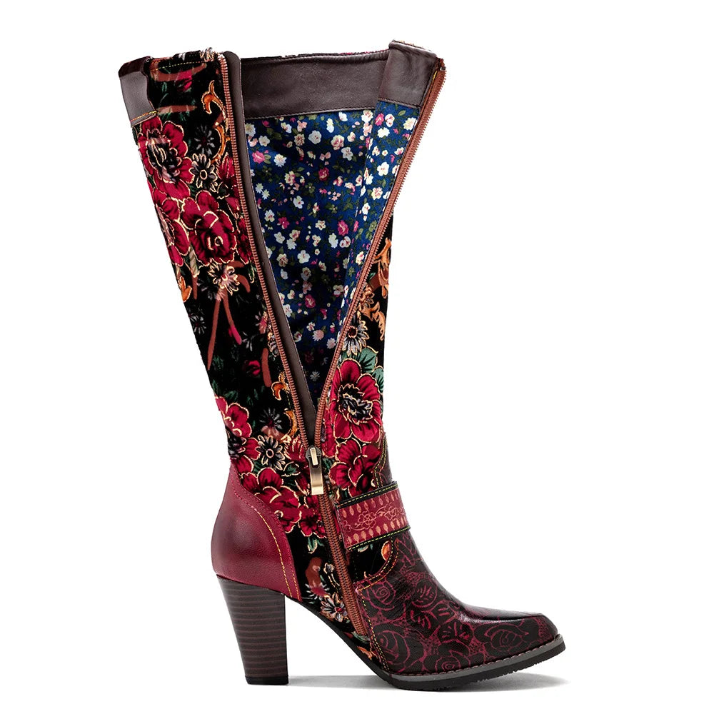 Koznoy 6cm Gold Velvet Print Flower Genuine Leather Boots Woman Autumn Spring Ankle Knee High Chunky Heels Plus Size Zip Shoes - CB057