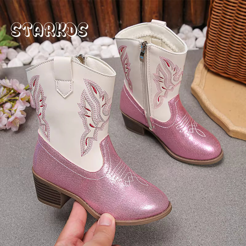 Pink White Glitter Western Knee High Boots Kid Girl Side Zip Cowboy Long Booties Child Low Heeled Round Toe Embroidery Botas - CB088