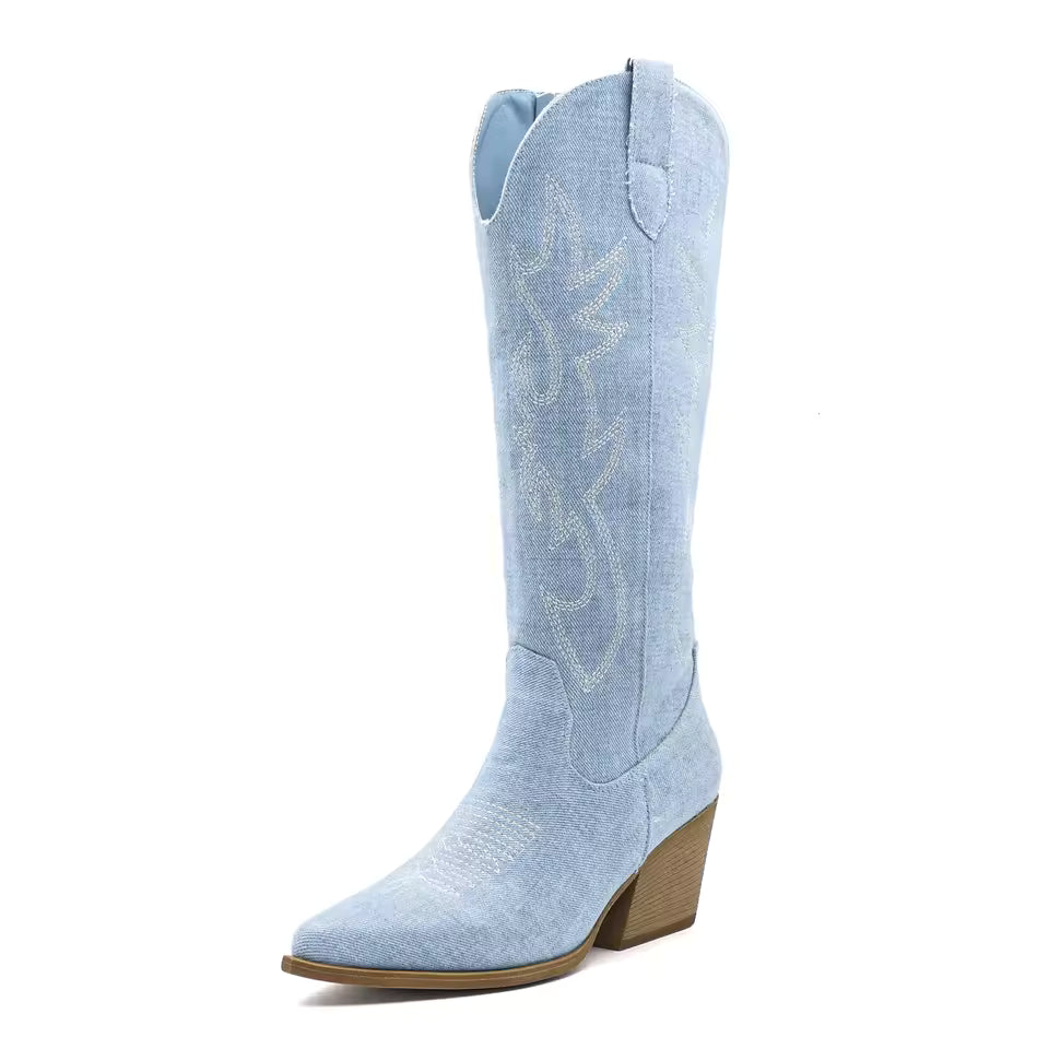 Shoes for Women New Embroidered Western Cowboy Boots Women Autumn Pointed Toe Thick Heel High Knee Boots - CB068