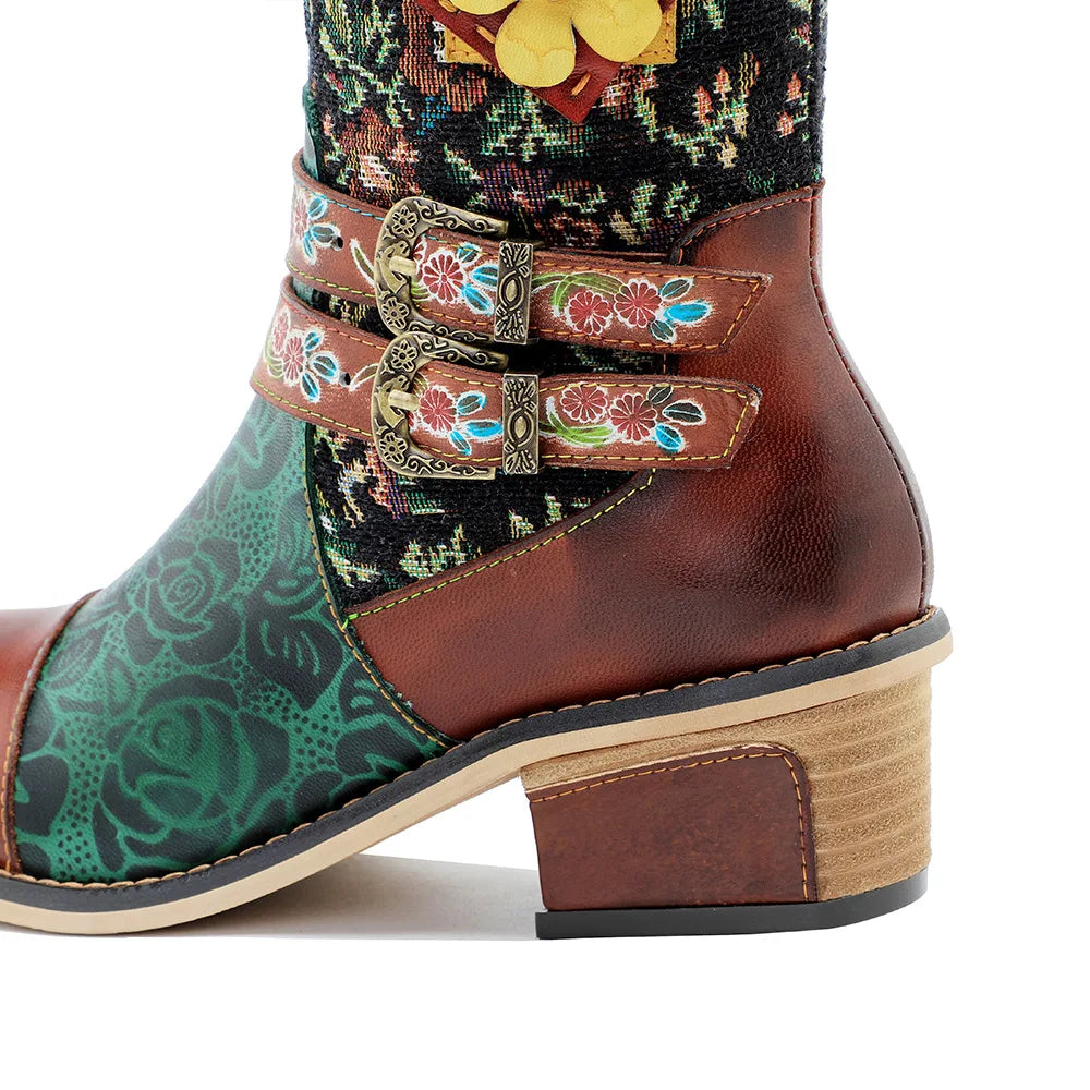 Socofy Raffan Ethnic Style Printed Patchwork Stereo Flower Belt Buckle Comfort Chunky Heel High Boots - CB063