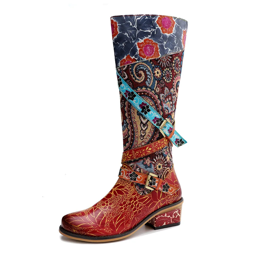 Socofy Raffan Genuine Leather Ankle Knee High Boots Woman Buckle Ladies Chunky Heels Long Boots - CB059