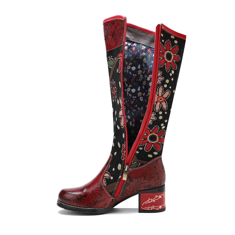 Socofy Raffan High Boots Knee-High Zip Genuine Leather Flowers Ethnic Retro Women Shoes Winter Long Boots - CB066