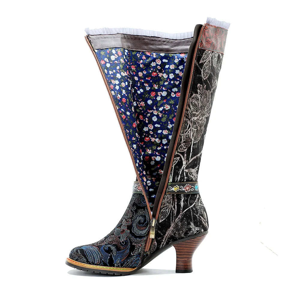 Socofy Raffan Winter New Hand Painted Genuine Leather Patchwork Vintage Court Style Lace Trimmed High Heeled Long Boots - CB060