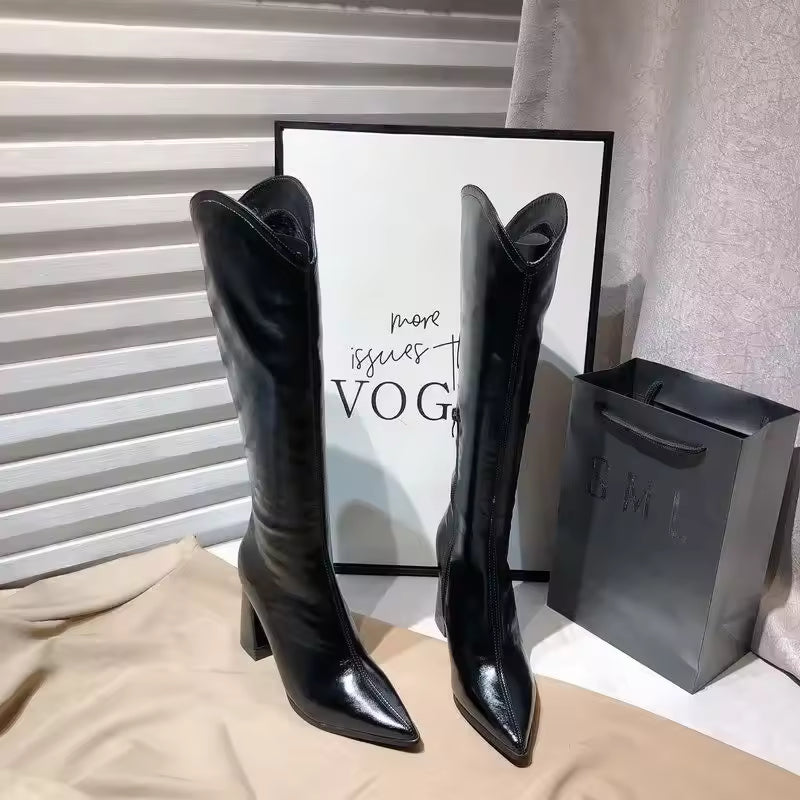 Women Boots Temperament Pointed Leather Boot V-port Design Women Knee-high Boot Sexy Chunky High Heeled Boots Botas Largas Mujer - CB037