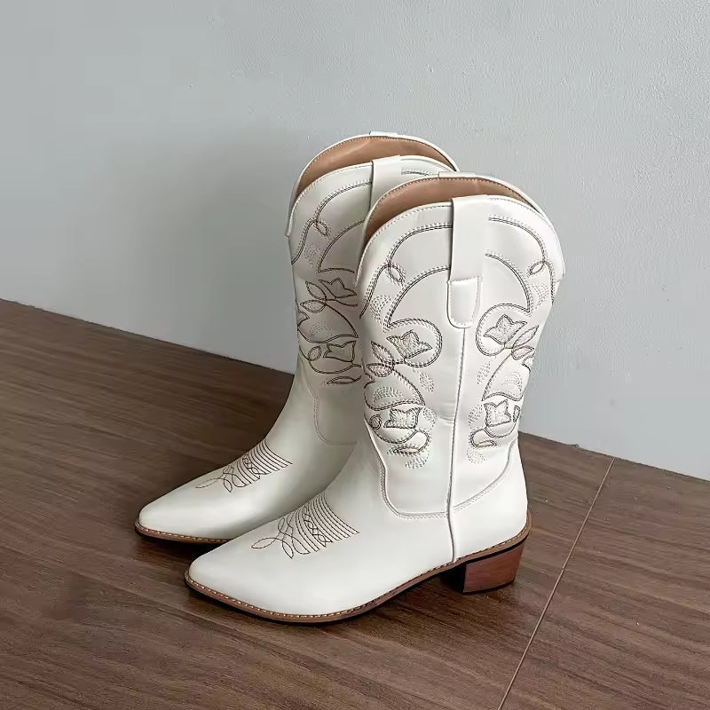 Women's Boots Classic Embroidery Western Cowboy Boots Fashion Pointe Mid Calf Boot High Quality Leather Boots Women Knight Botas - CB009
