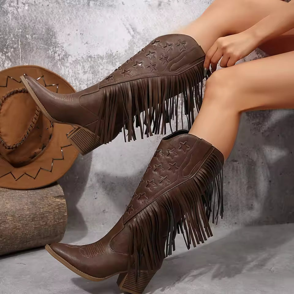 Women's Mid-Calf Star Embroidered Boots High Heel Western Style Autumn New Tassel Western Boots for Women Rubber Botas Feminino - CB042