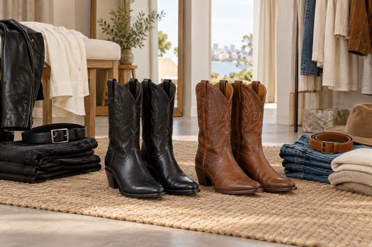 Black and brown cowboy boots compared with denim belts and neutral outfits in a bright Australian boutique