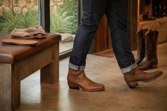 Cowboy boots worn for all-day walking with comfort socks and insole