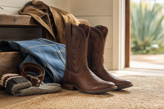 Everyday brown cowboy boots styled with denim socks belt and casual jacket