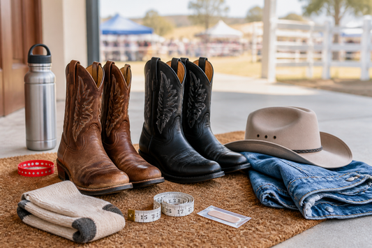 Kids cowboy boots with socks measuring tape and event essentials at a country venue