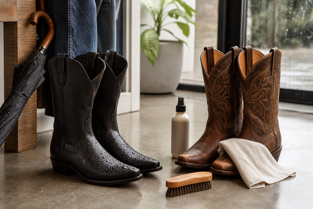 Waterproof-treated and classic cowboy boots drying beside care tools after light rain