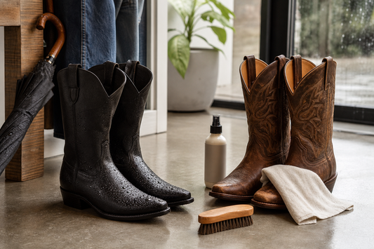 Waterproof-treated and classic cowboy boots drying beside care tools after light rain