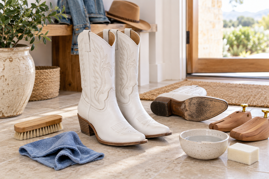 White cowboy boots with brush cloth water bowl and boot shapers for easy cleaning after wear
