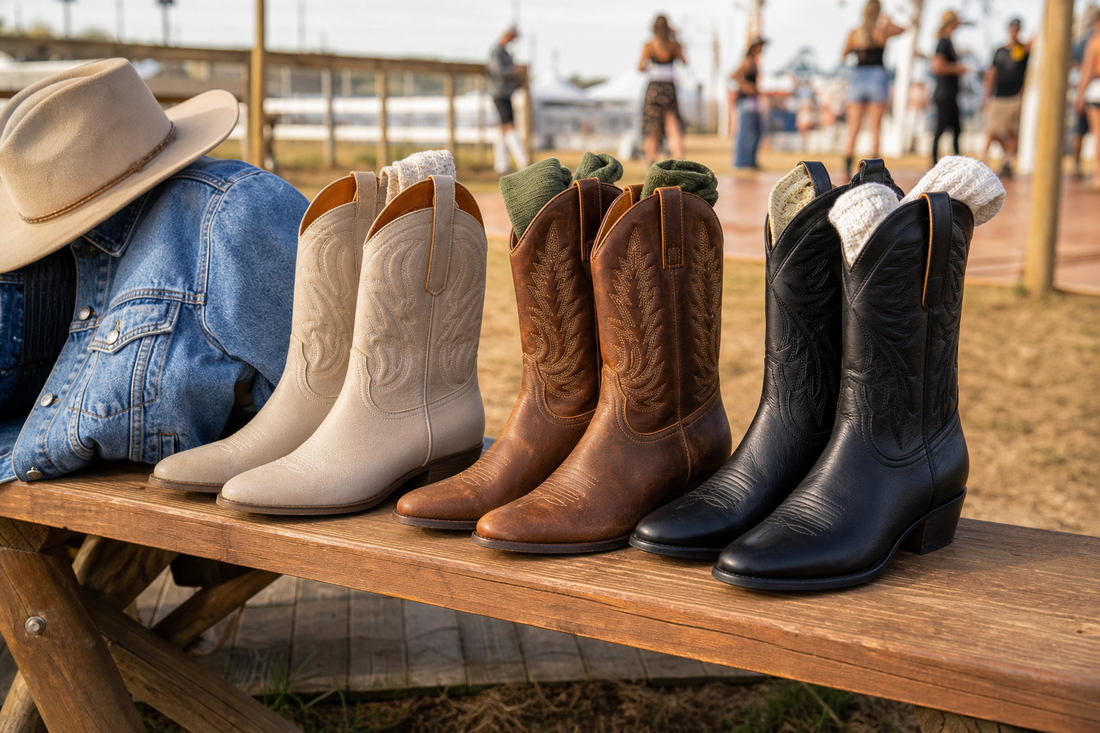 Cowboy boots styled for Australian festivals and dancing with denim hat and socks