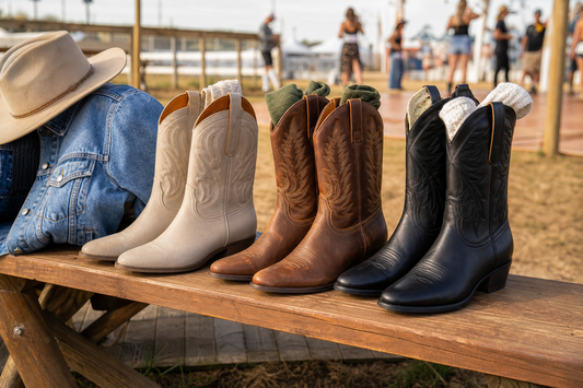 Cowboy boots styled for Australian festivals and dancing with denim hat and socks