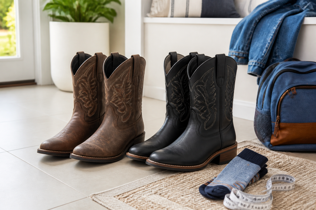 Boys cowboy boots in brown and black with socks and measuring tape in a bright family entryway