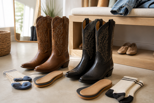 Brown and black cowboy boots with cushioned insoles and socks in a boutique fitting scene for high arches
