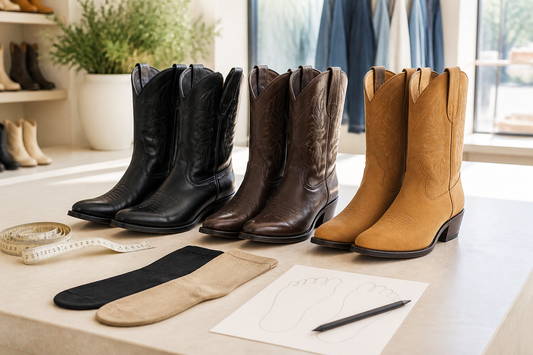 Black brown and tan slim-profile cowboy boots with measuring tape socks and foot tracing for narrow feet