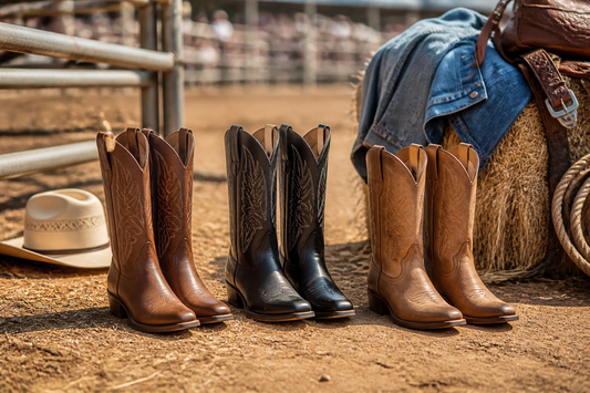 Brown black and tan cowboy boots styled for an Australian rodeo or country show