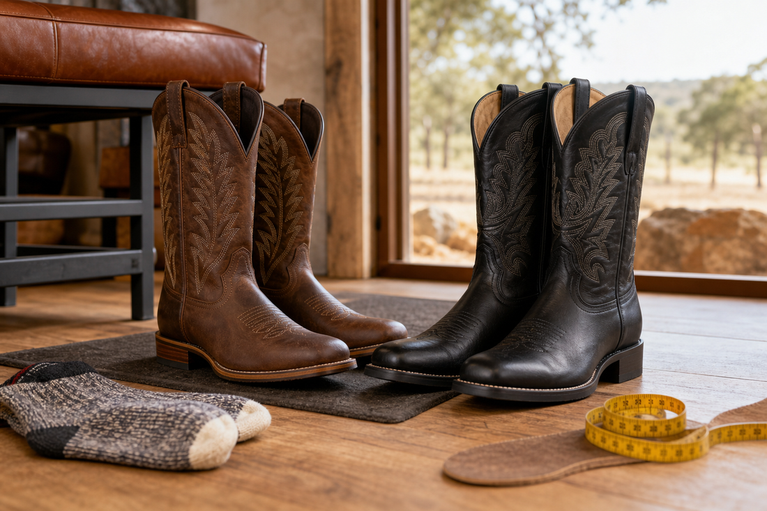 Roomy round toe cowboy boots with socks measuring tape and insole for wide feet