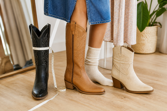 Cowgirl boots for wide calves with measuring tape in a boutique fitting scene