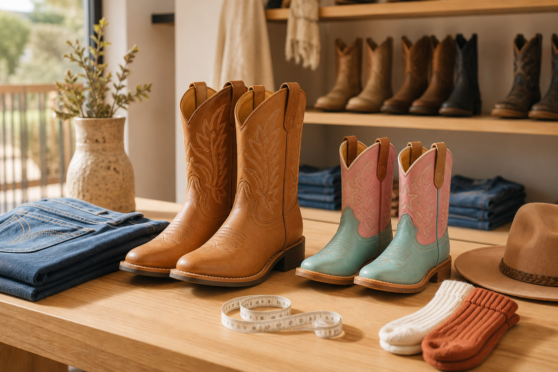 Kids cowboy boots in tan and colourful styles with denim and measuring tape