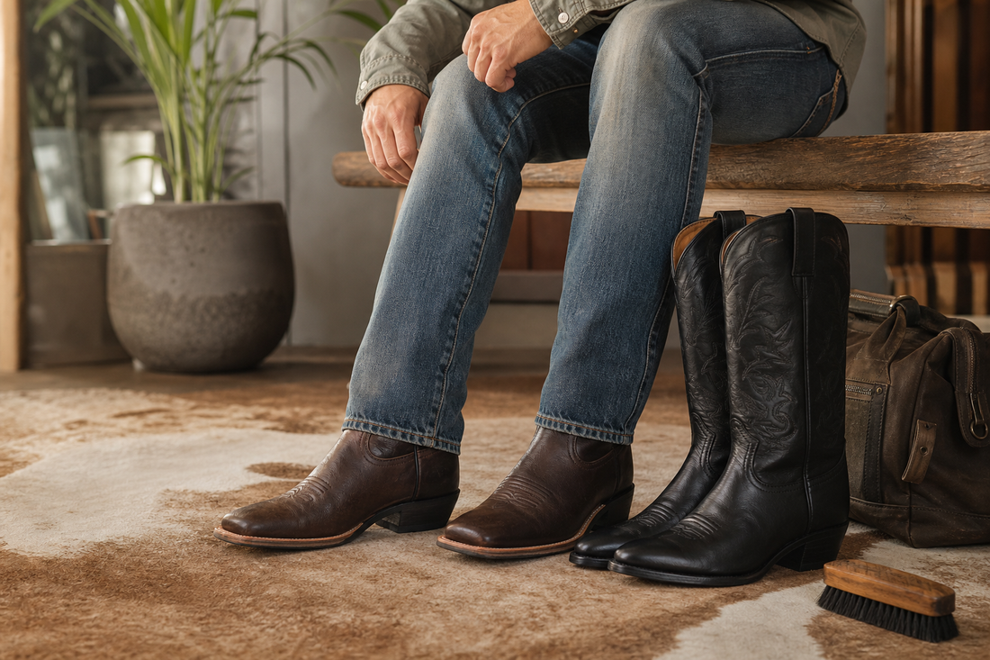 Men's everyday cowboy boots with jeans and leather accessories in an Australian fitting space