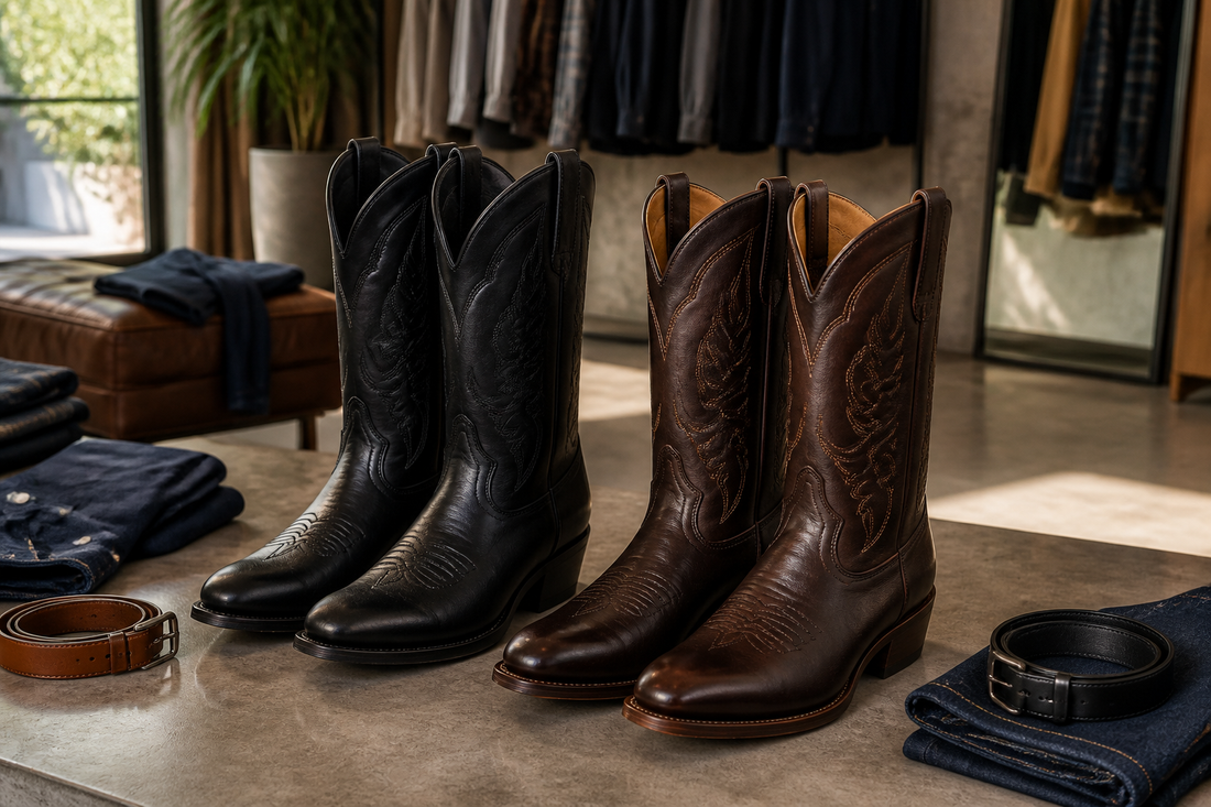 Black mens cowboy boots and brown mens cowboy boots styled with denim and belts