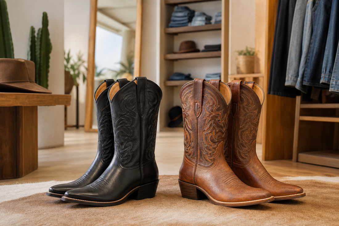Black cowboy boots and brown cowboy boots side by side in an Australian western fitting space