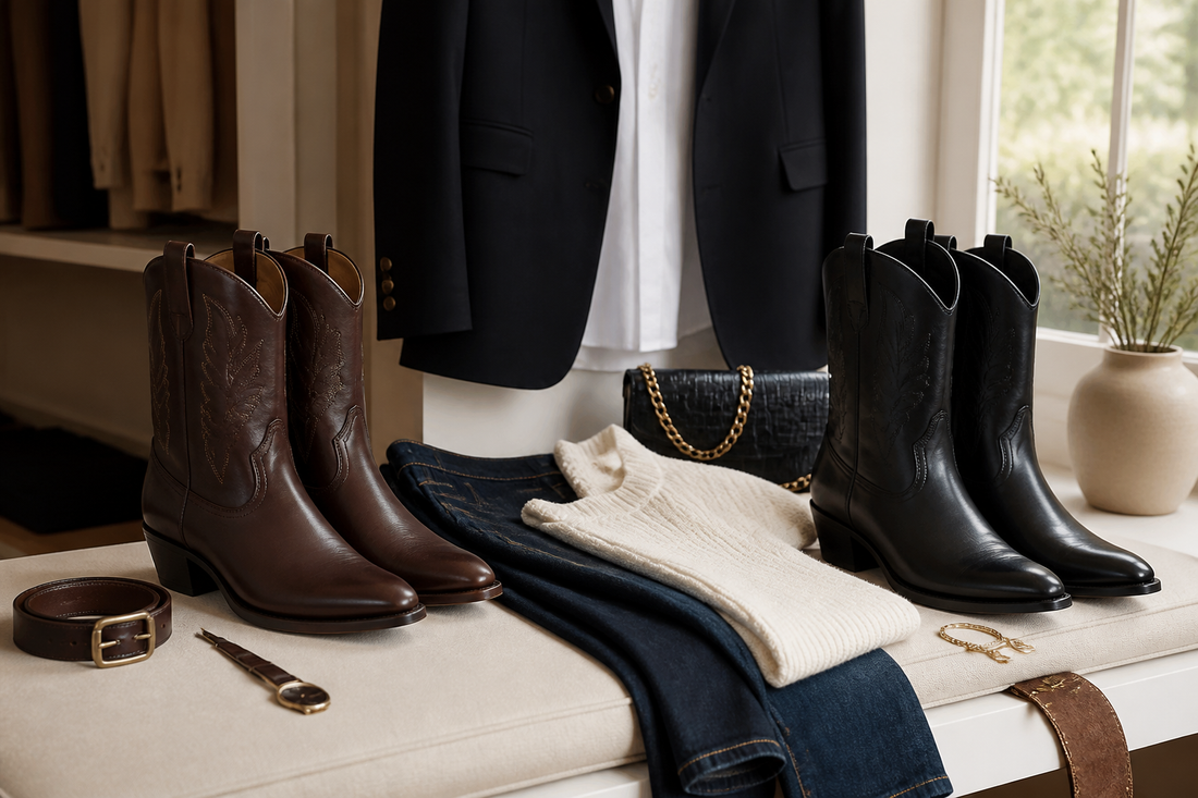 Black and brown cowboy boots styled with blazer denim cream knit and accessories for smart casual outfits