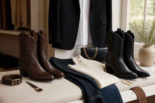 Black and brown cowboy boots styled with blazer denim cream knit and accessories for smart casual outfits