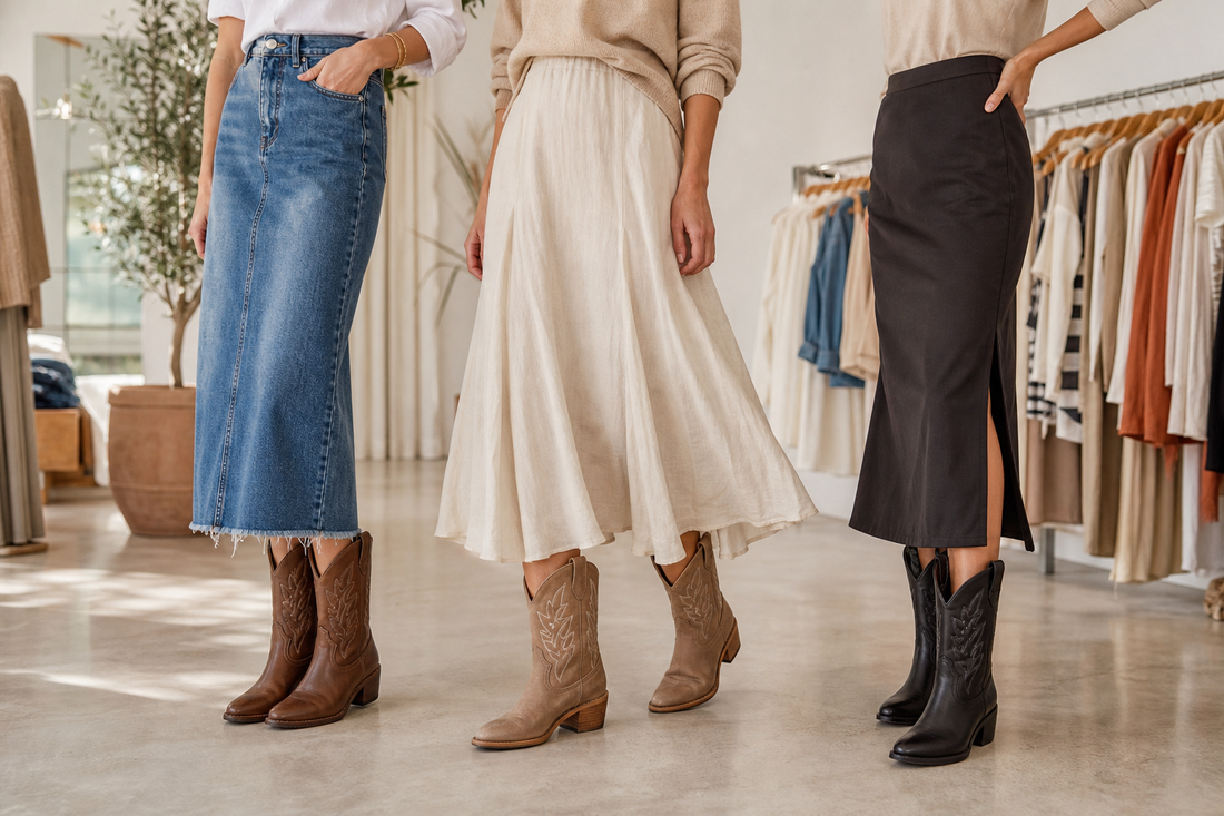 Cowboy boots styled with denim linen and black skirts for Australian outfits