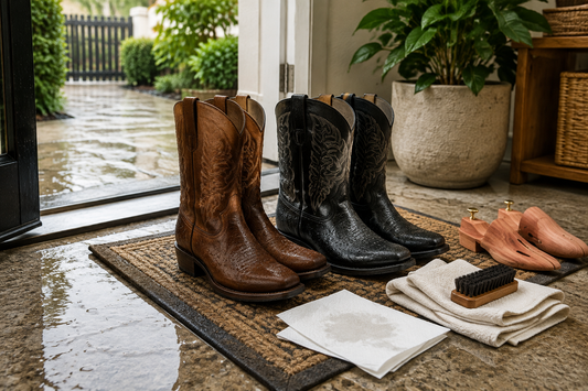 Brown and black cowboy boots drying after light rain with cedar shapers brush cloth and paper