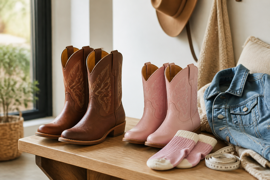 Kids cowboy boots with boot socks and measuring tape for everyday fit checks