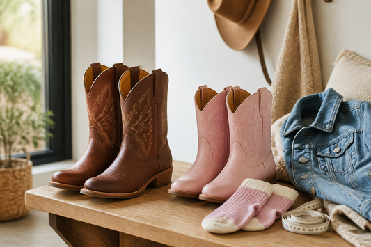 Kids cowboy boots with boot socks and measuring tape for everyday fit checks