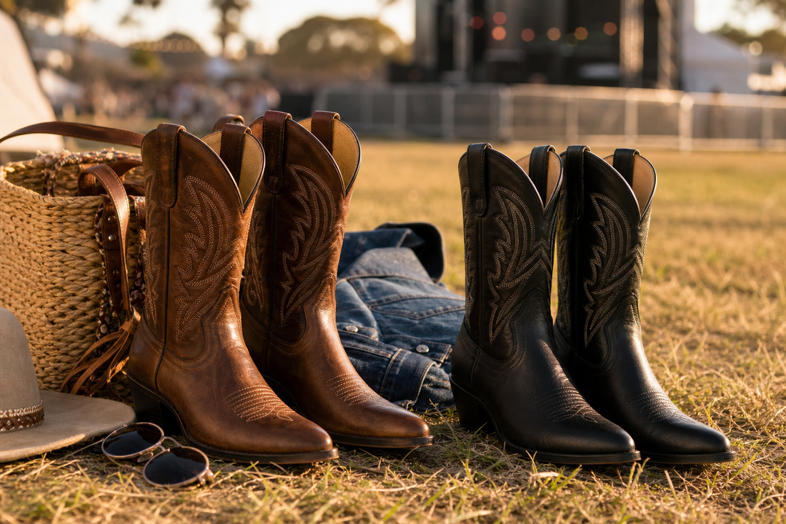 Cowboy boots styled for an Australian outdoor festival outfit