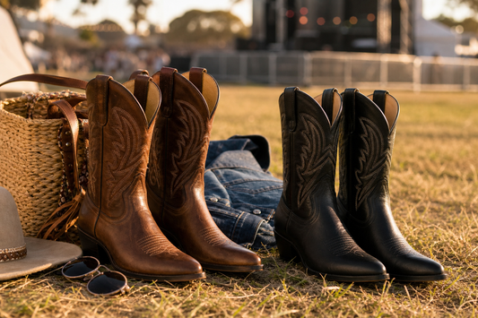 Cowboy boots styled for an Australian outdoor festival outfit