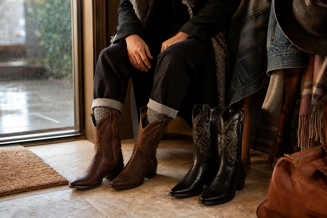 Cowboy boots styled with thick socks denim coat and scarf for Australian winter