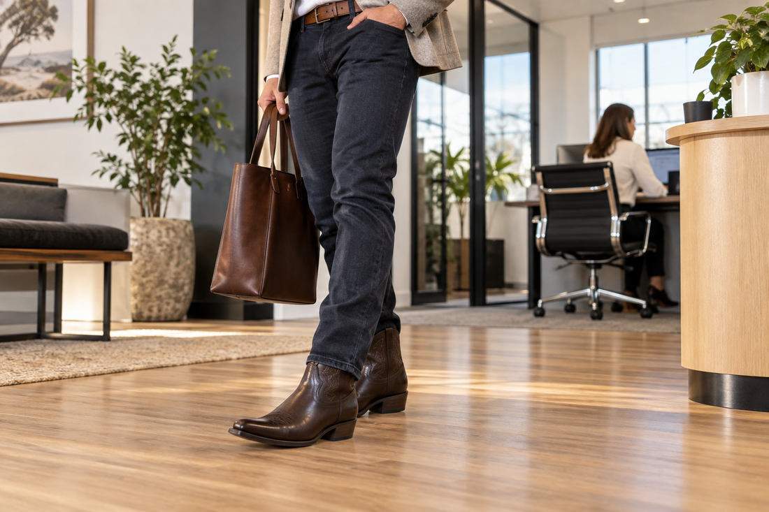 Black and brown cowboy boots styled with office denim blazer and tote in a modern Australian workplace