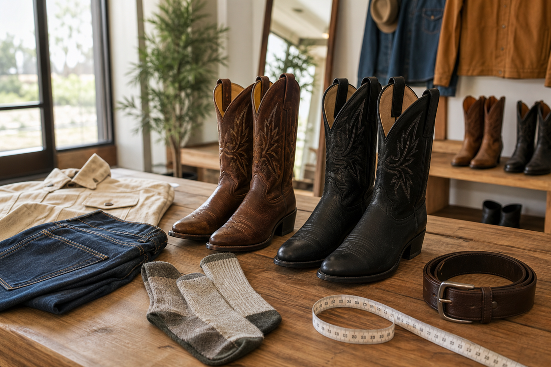 Brown and black cowboy boots with denim socks measuring tape and belt for first pair selection