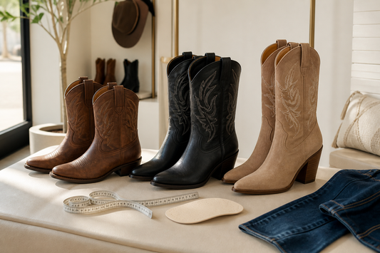Low mid and high heel cowboy boots compared with measuring tape and insole in an Australian boutique fitting scene