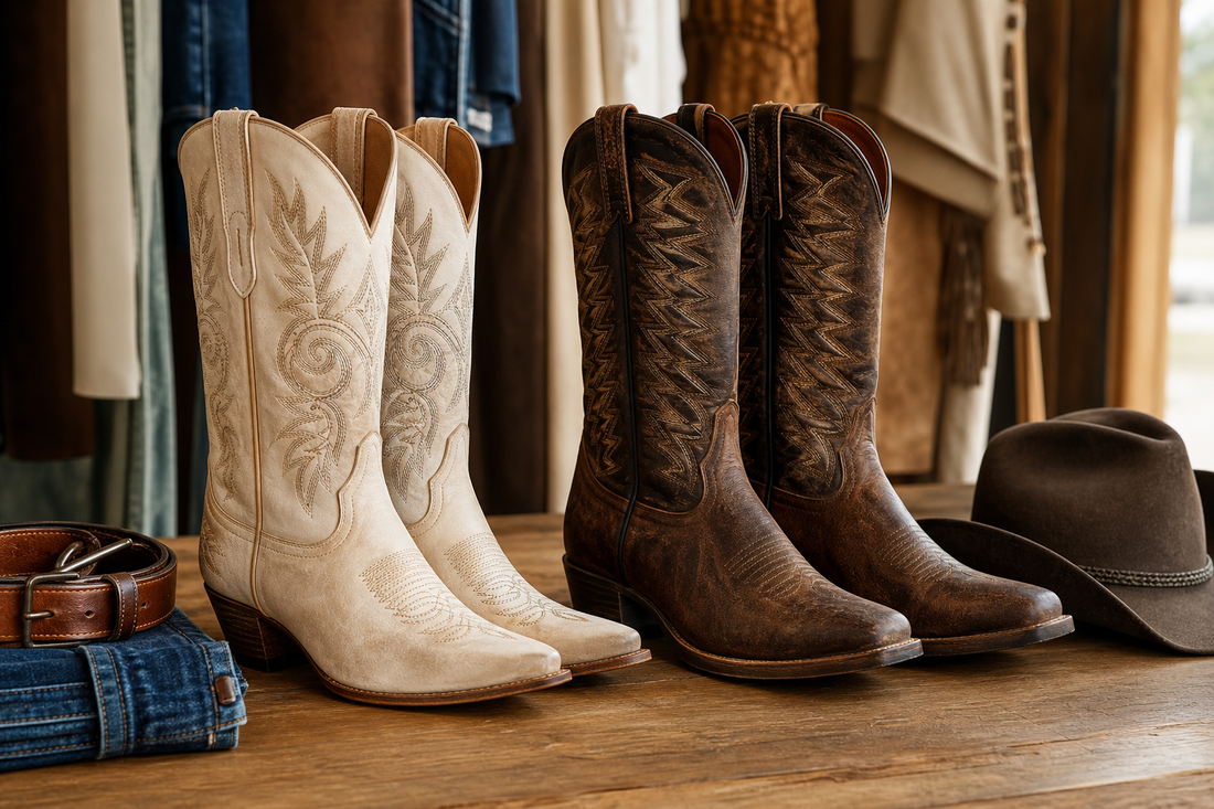 Cowgirl boots and cowboy boots side by side in an Australian western fitting space