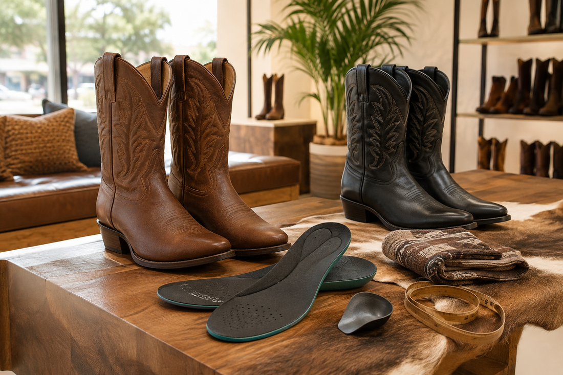 Brown and black cowboy boots with cushioned insoles socks and measuring tape in an Australian boutique fitting scene