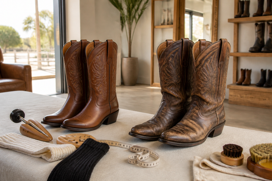 New and broken-in leather cowboy boots with stretcher socks and measuring tape in an Australian boutique fitting scene