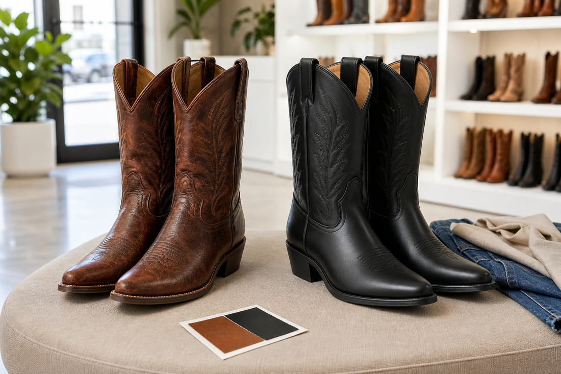 Genuine leather and PU leather cowboy boots compared side by side in a bright boutique fitting space